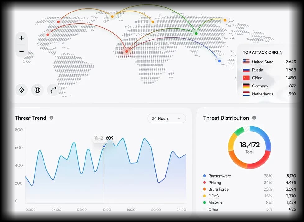 Vanguard managed SOC threat activity view showing global attack origins, a 24 hour threat trend and threat distribution across ransomware, phishing, brute force and DDoS for a monitored Namibian organisation